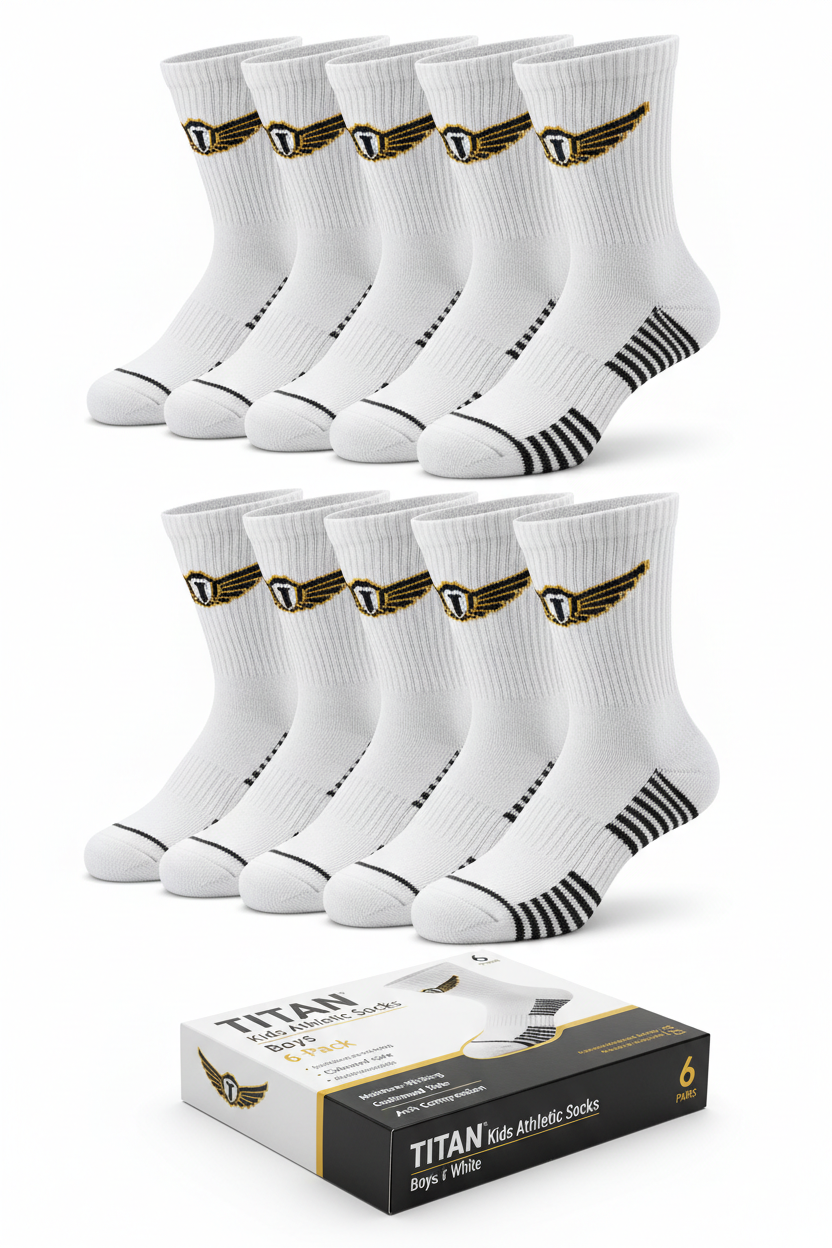 TITAN Kids Athletic Socks - Boys White 6-Pack