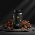 TITAN Kikurage Mushroom supplement bottle on slate with dark mushrooms, brown capsules, and powder on black background.