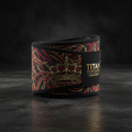 Titan Sport Global knee strap in black, red, and gold, featuring a crown motif and branded black velcro closure.
