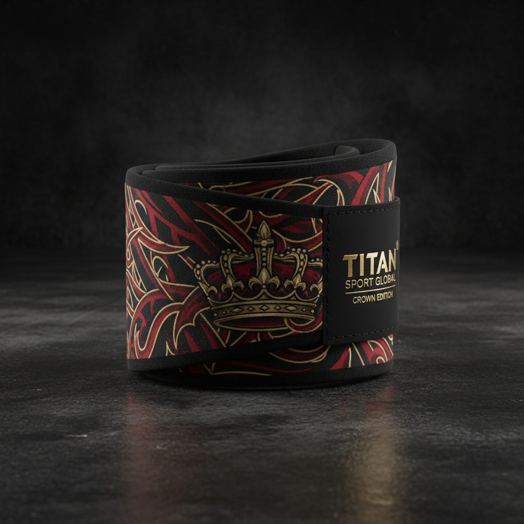 Titan Sport Global knee strap in black, red, and gold, featuring a crown motif and branded black velcro closure.