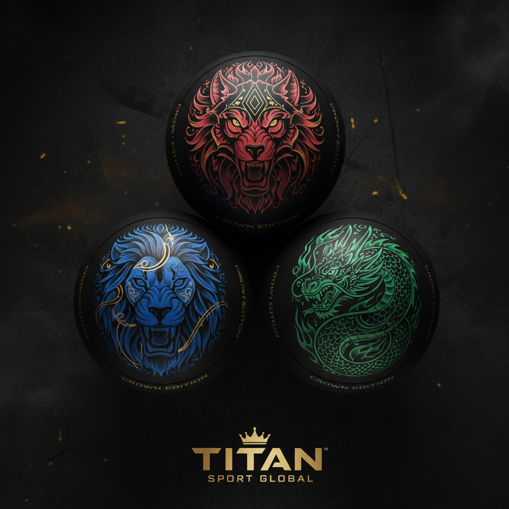Three black lacrosse balls with red lion, blue lion, and green dragon intricate graphics, marked "Crown Edition."