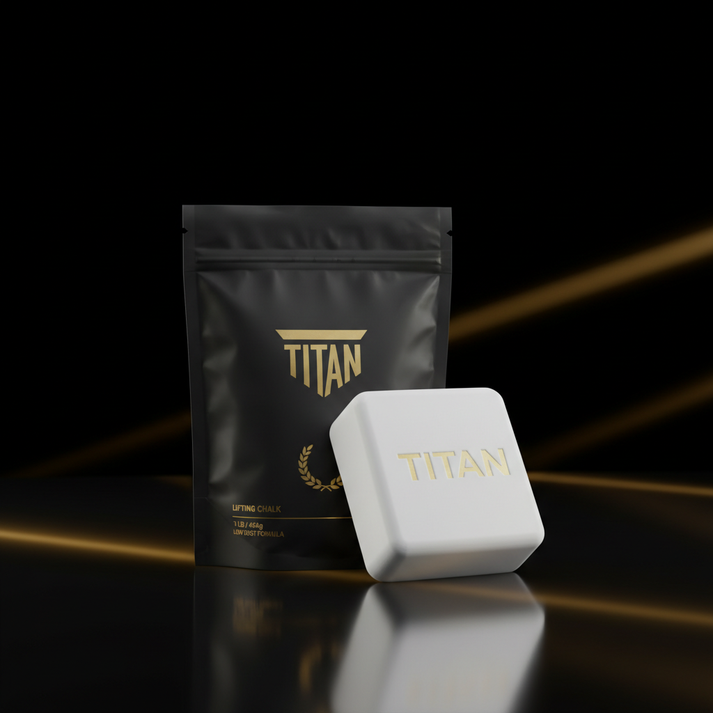 White square chalk block with gold TITAN logo, placed before a black pouch with gold text on a reflective surface.