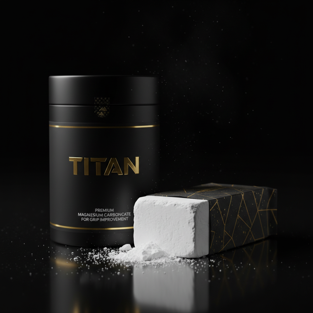 Black cylindrical container with gold "TITAN" logo next to a white chalk block on a reflective black surface.