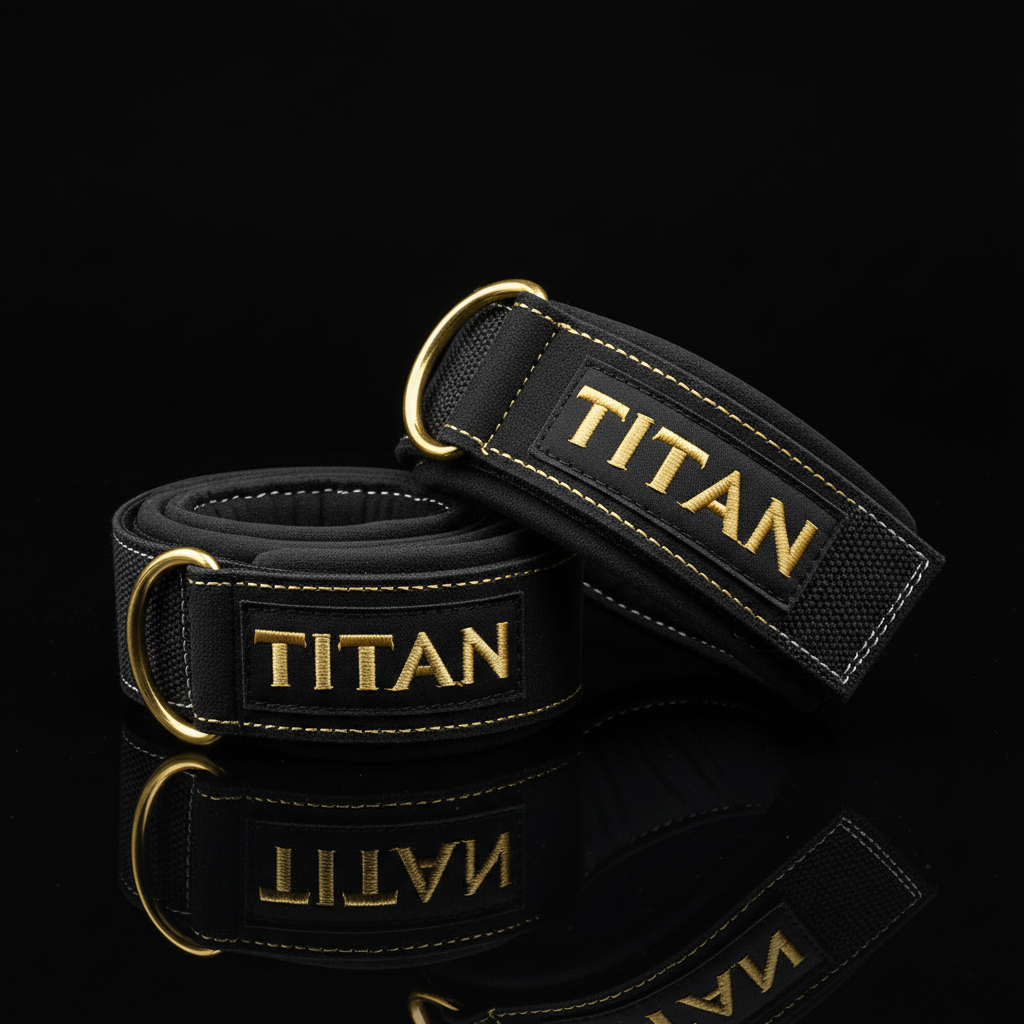 Black padded cotton lifting straps with gold "TITAN" embroidery, gold D-rings, and gold stitching on black background.