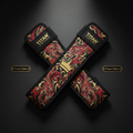 TITAN lifting straps in a black, red, and gold dragon print, crossed with Crown Edition branding on black background.