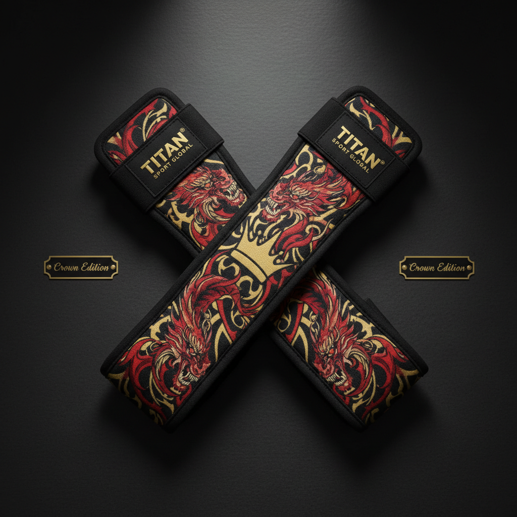 TITAN lifting straps in a black, red, and gold dragon print, crossed with Crown Edition branding on black background.