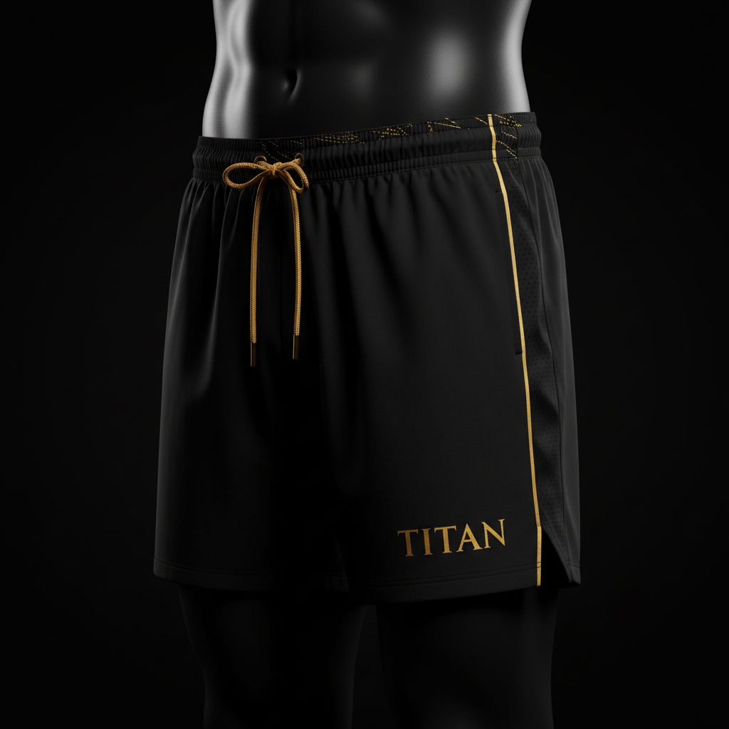 TITAN black lightweight running shorts with gold drawstring, side piping, and gold printed logo on the lower left leg.
