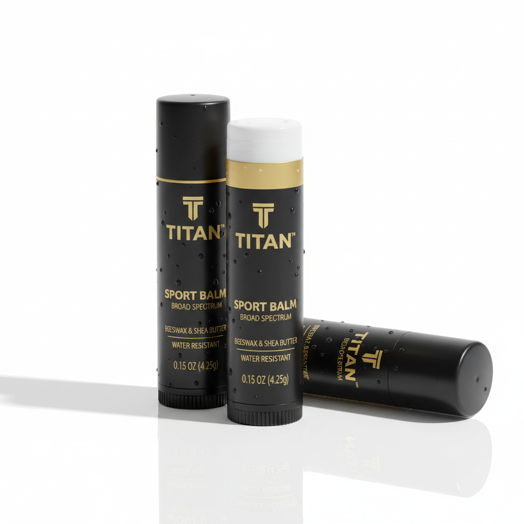 Three black TITAN Sport Balm tubes with gold branding, water droplets, and white cap against a white background.