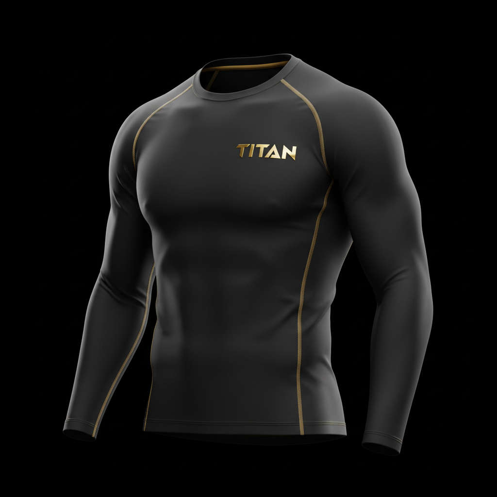 Black long-sleeve compression shirt with gold stitching and gold metallic TITAN logo on the chest.