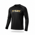 Black long-sleeve performance shirt by TITAN with metallic gold chest logo and thumbhole cuffs on sleeves.