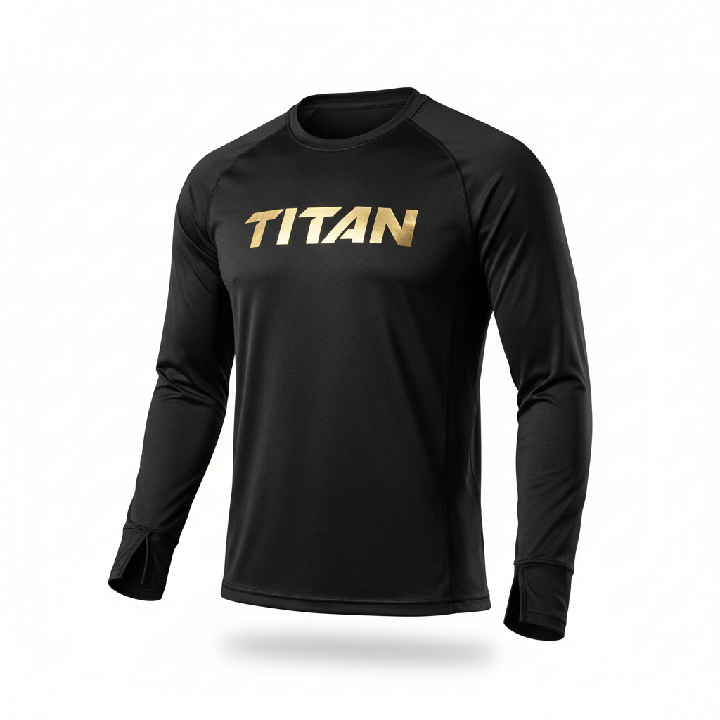 Black long-sleeve performance shirt by TITAN with metallic gold chest logo and thumbhole cuffs on sleeves.
