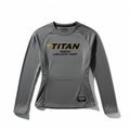 TITAN women's gray athletic long-sleeve T-shirt with black and yellow logo, side panels, and moisture-wicking texture.