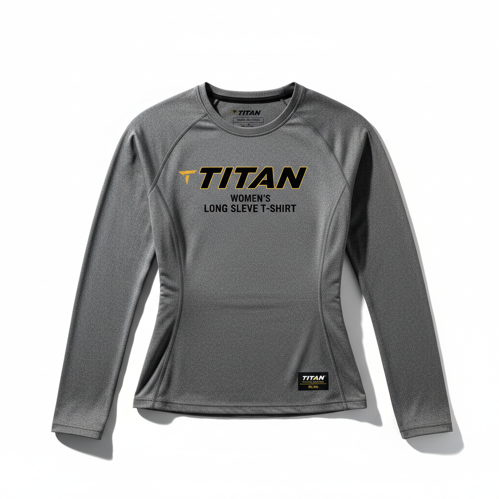 TITAN women's gray athletic long-sleeve T-shirt with black and yellow logo, side panels, and moisture-wicking texture.