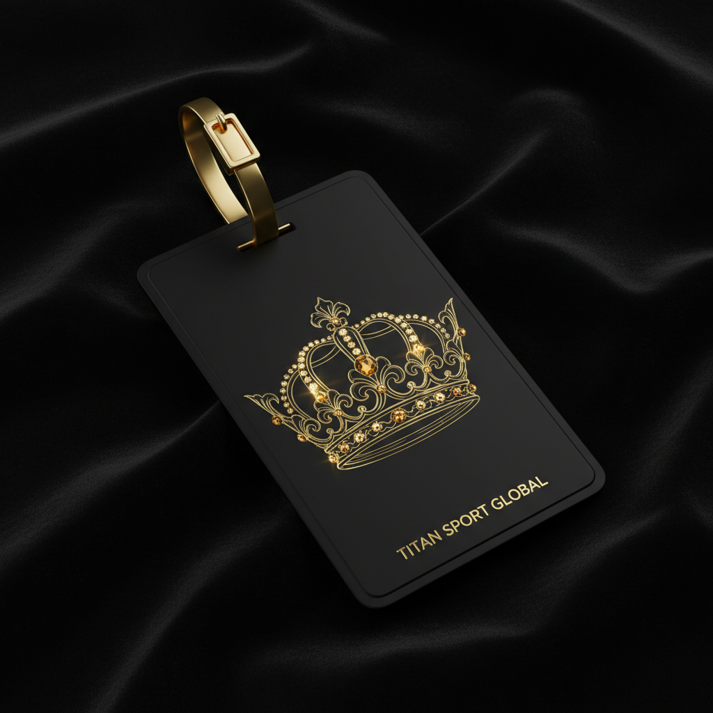 Black matte luggage tag with a gold, jewel-encrusted crown design and TITAN SPORT GLOBAL logo on black silk.