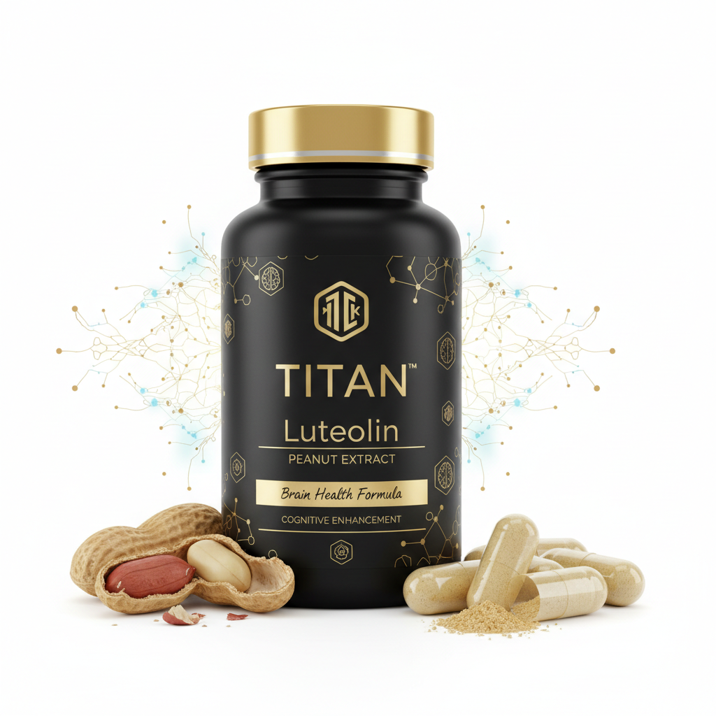 Black bottle of Titan Luteolin Peanut Extract with gold lettering, peanuts, and powder capsules on a white background.