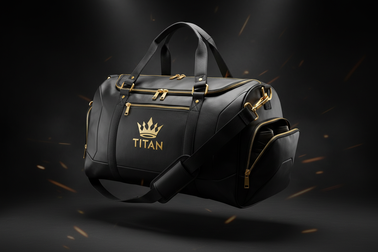 Black TITAN luxury gym bag with gold zippers, hardware, and a prominent gold crown logo on a dark background.