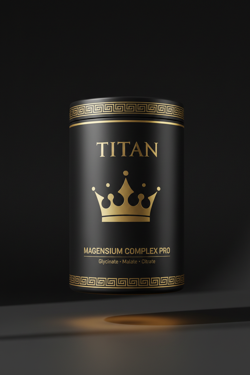 Black canister with gold Greek key trim, crown logo, and Titan Magnesium Complex text on a dark background.