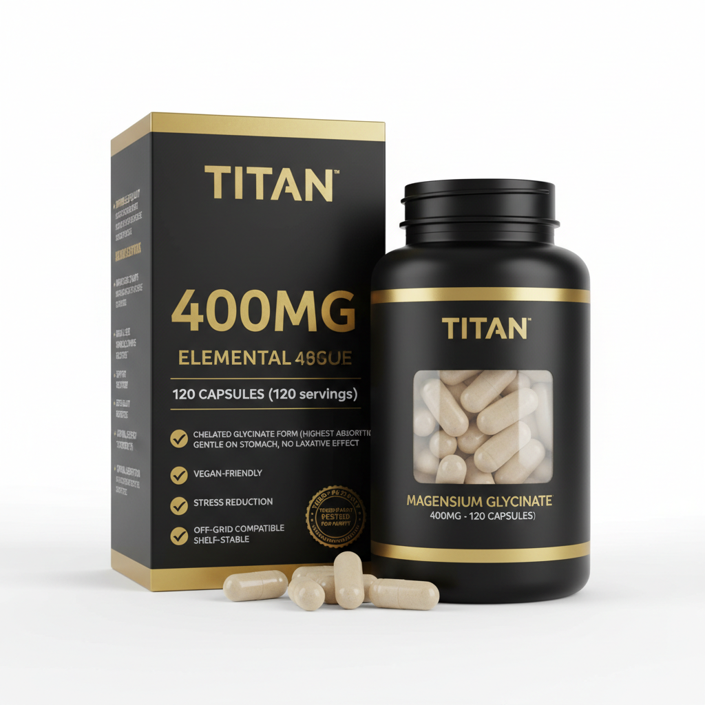 TITAN Magnesium Glycinate 400mg black and gold box and bottle with visible tan capsules on a white background.