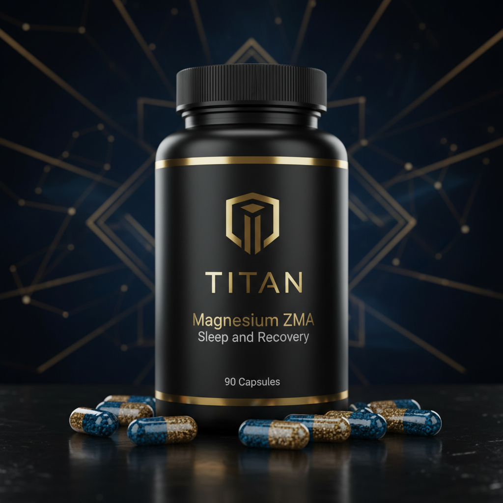 Black bottle of Titan Magnesium ZMA 90 capsules with gold logo on a dark reflective surface with scattered capsules.