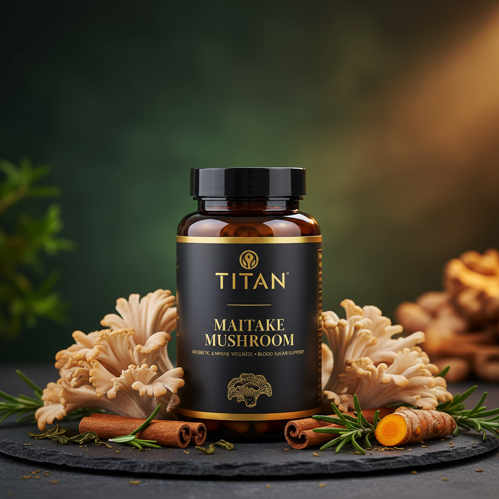 TITAN Maitake Mushroom supplement bottle in black with gold text, surrounded by mushrooms, cinnamon, and herbs.