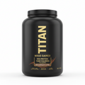 Black tub of TITAN Mass Gainer (5lb) with bold gold text, highlighting 50g protein and rich chocolate flavor.