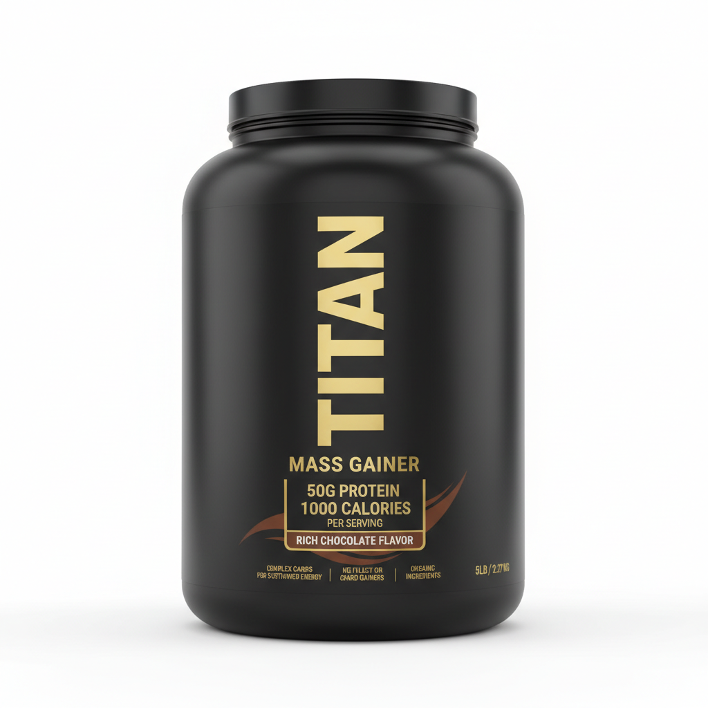 Black tub of TITAN Mass Gainer (5lb) with bold gold text, highlighting 50g protein and rich chocolate flavor.