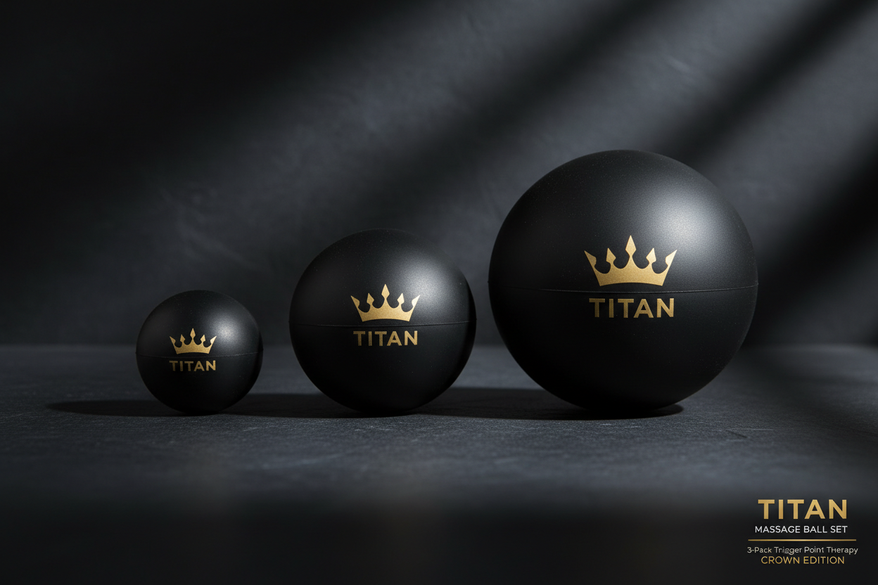 Three matte black massage balls of increasing size, each featuring a gold crown logo and the text "TITAN."