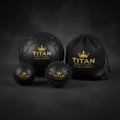 TITAN Sport Global 3-piece black massage ball set with gold logos and a matching drawstring carry bag.