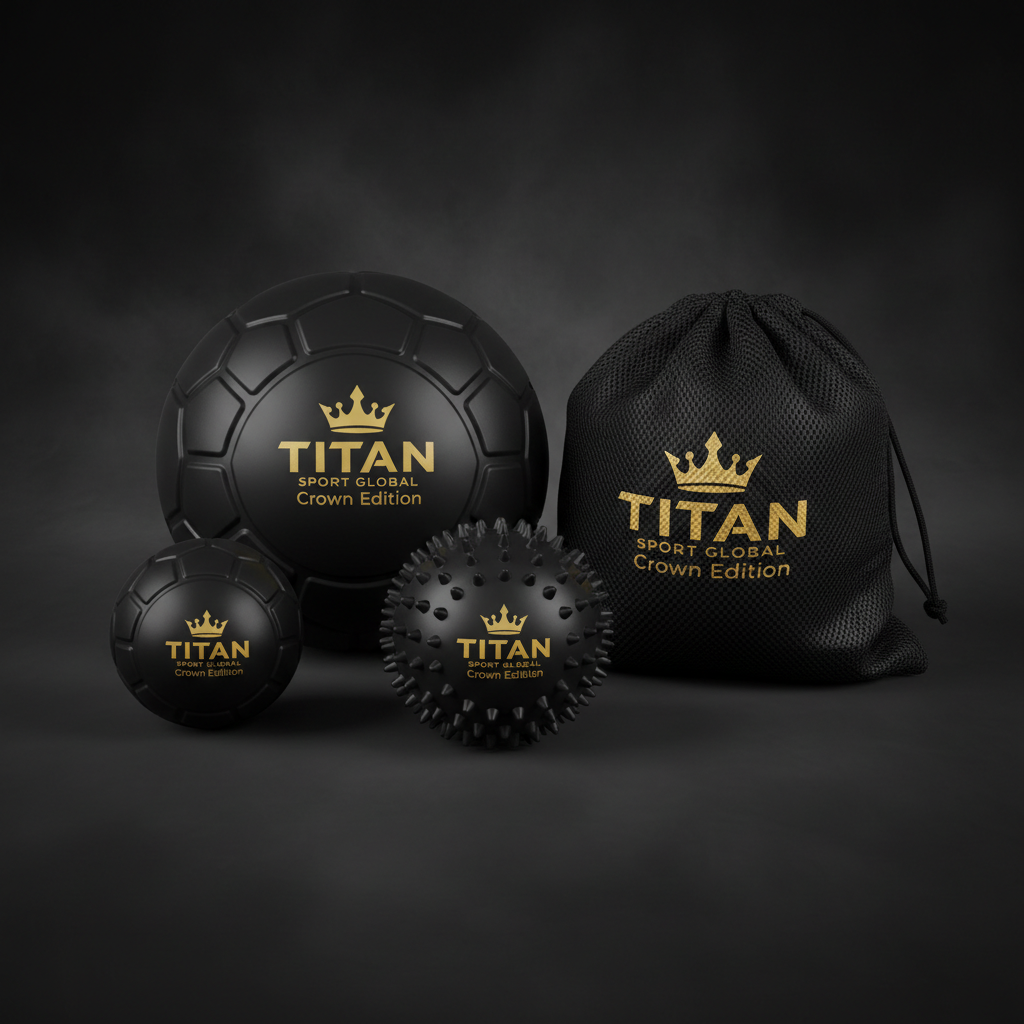 TITAN Sport Global 3-piece black massage ball set with gold logos and a matching drawstring carry bag.