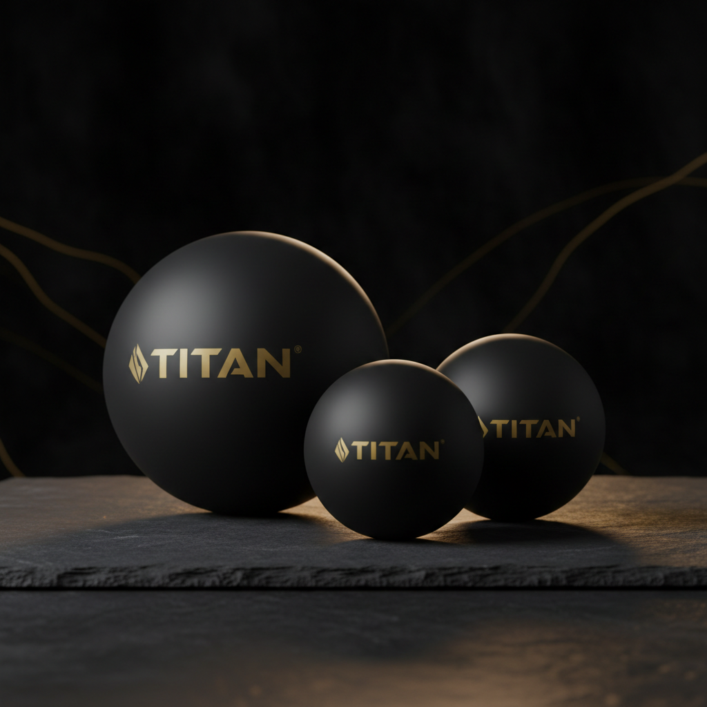 Three matte black Titan massage balls of varying sizes with gold logos, resting on a textured slate surface.