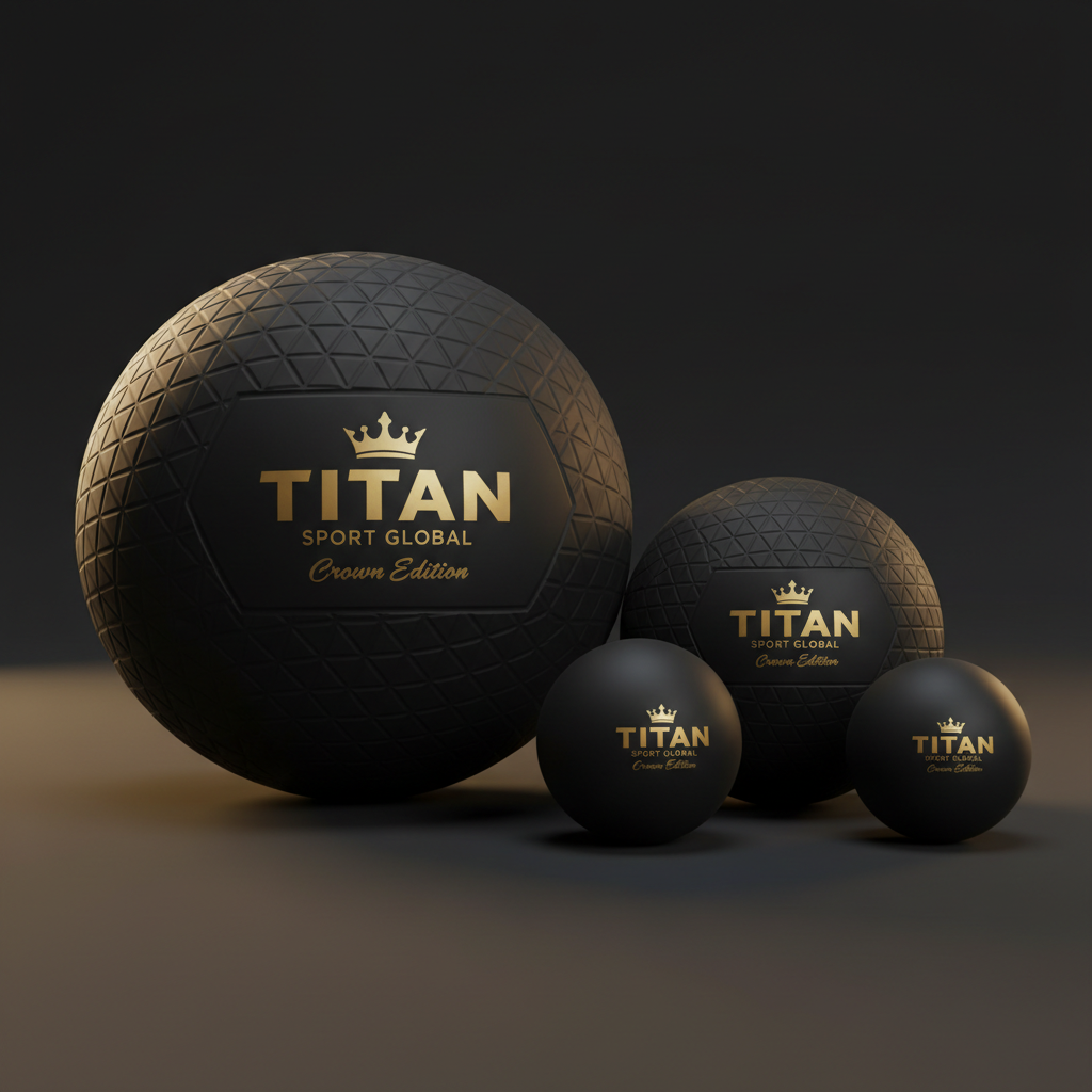 Four black massage balls of varying sizes with gold Titan Sport Global Crown Edition logos and textured surfaces.