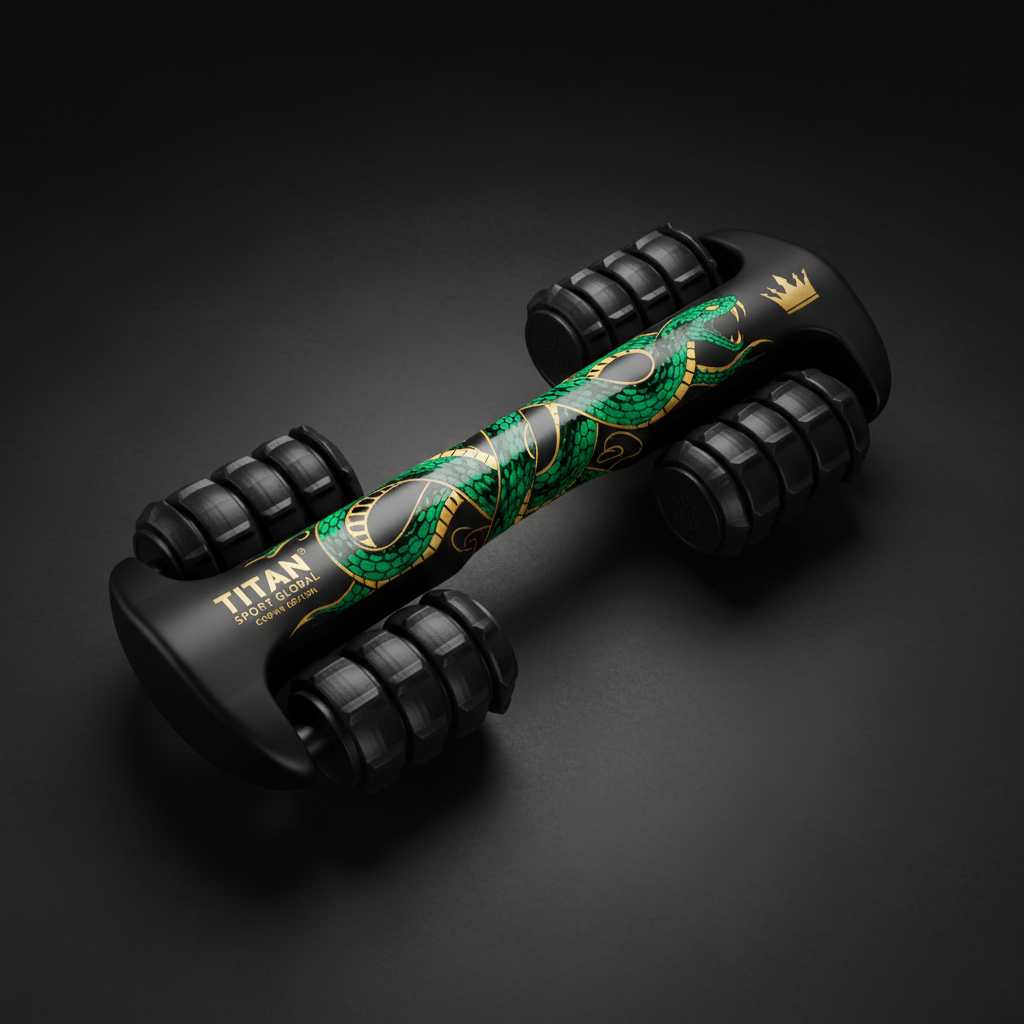 TITAN Sport Global massage roller with black textured wheels and a green snake graphic with gold accents on black.