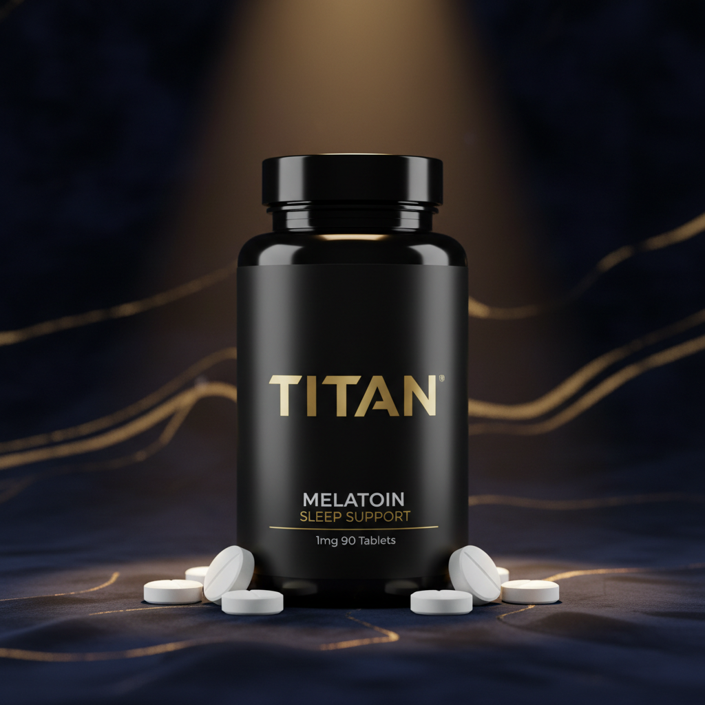 Black bottle with gold "TITAN" logo and "MELATOIN SLEEP SUPPORT" label, surrounded by white tablets on a dark background.