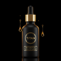 Matte black TITAN beard oil bottle with gold dropper, label, and hovering golden oil droplets on a black background.