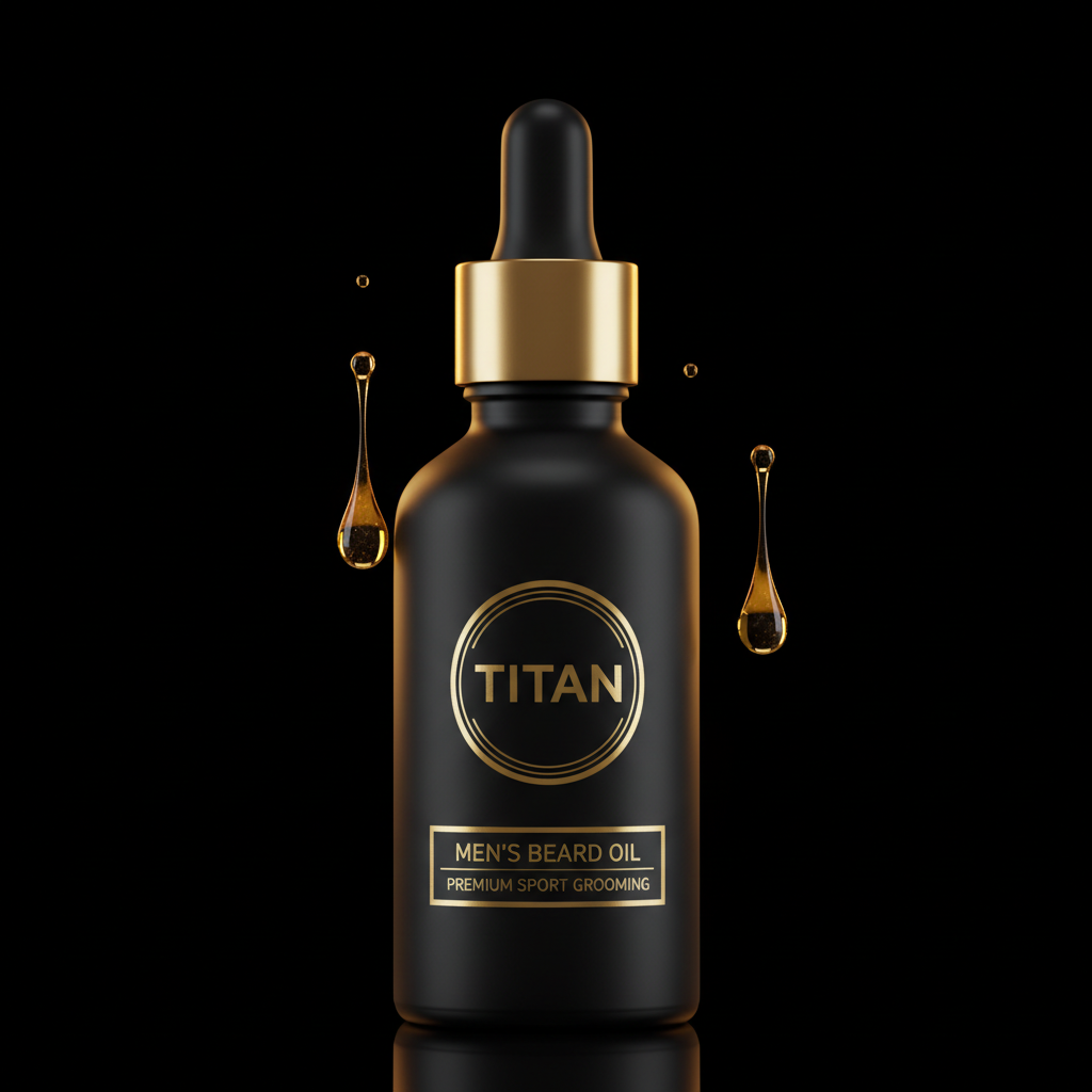 Matte black TITAN beard oil bottle with gold dropper, label, and hovering golden oil droplets on a black background.