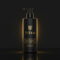 Matte black pump bottle of TITAN Deep Cleanse Sport Face Wash with elegant gold lettering and logo on black background.
