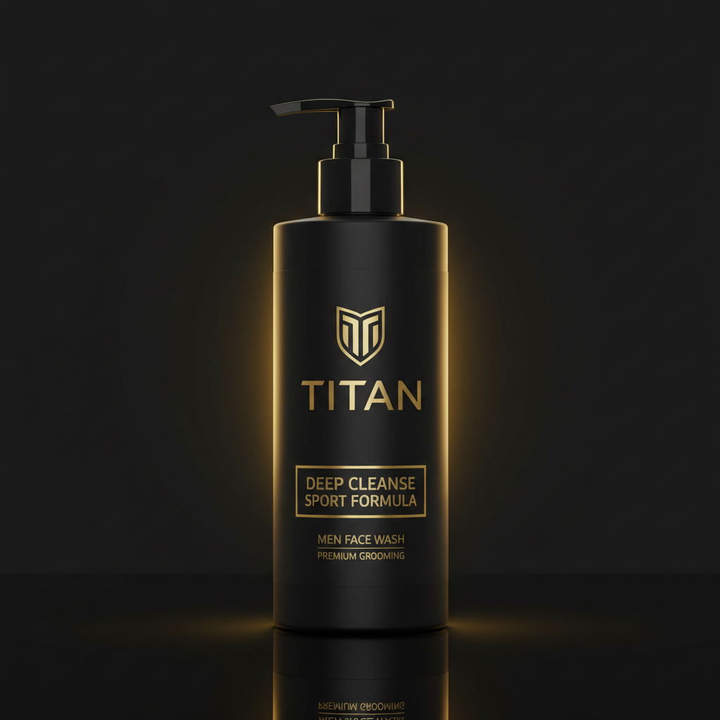 Matte black pump bottle of TITAN Deep Cleanse Sport Face Wash with elegant gold lettering and logo on black background.