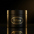 Matte black jar of TITAN men's hair pomade with a centered gold oval label, set against a dark reflective background.