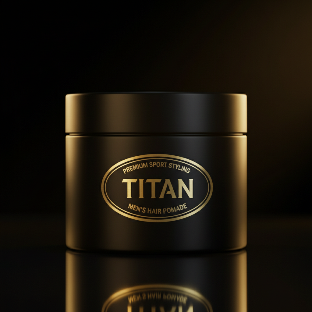 Matte black jar of TITAN men's hair pomade with a centered gold oval label, set against a dark reflective background.