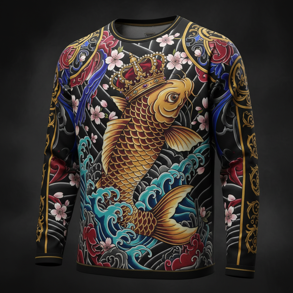 TITAN Men's Long Sleeve Tee - Koi Wave Crown Design