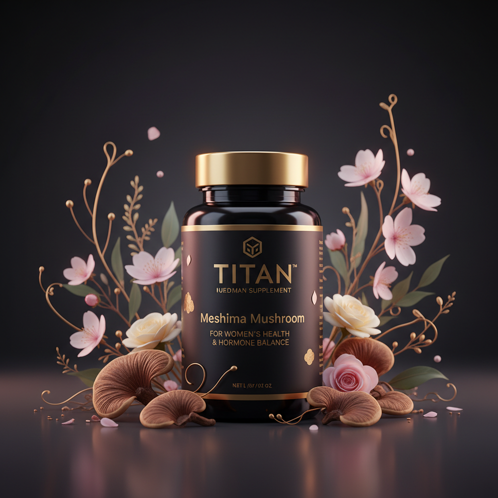 TITAN Meshima Mushroom supplement bottle with gold cap, surrounded by pink flowers, green leaves, and brown mushrooms.