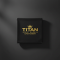 Black TITAN Sport Global Crown Edition microfiber gym towel with gold embroidered crown and logo on dark background.