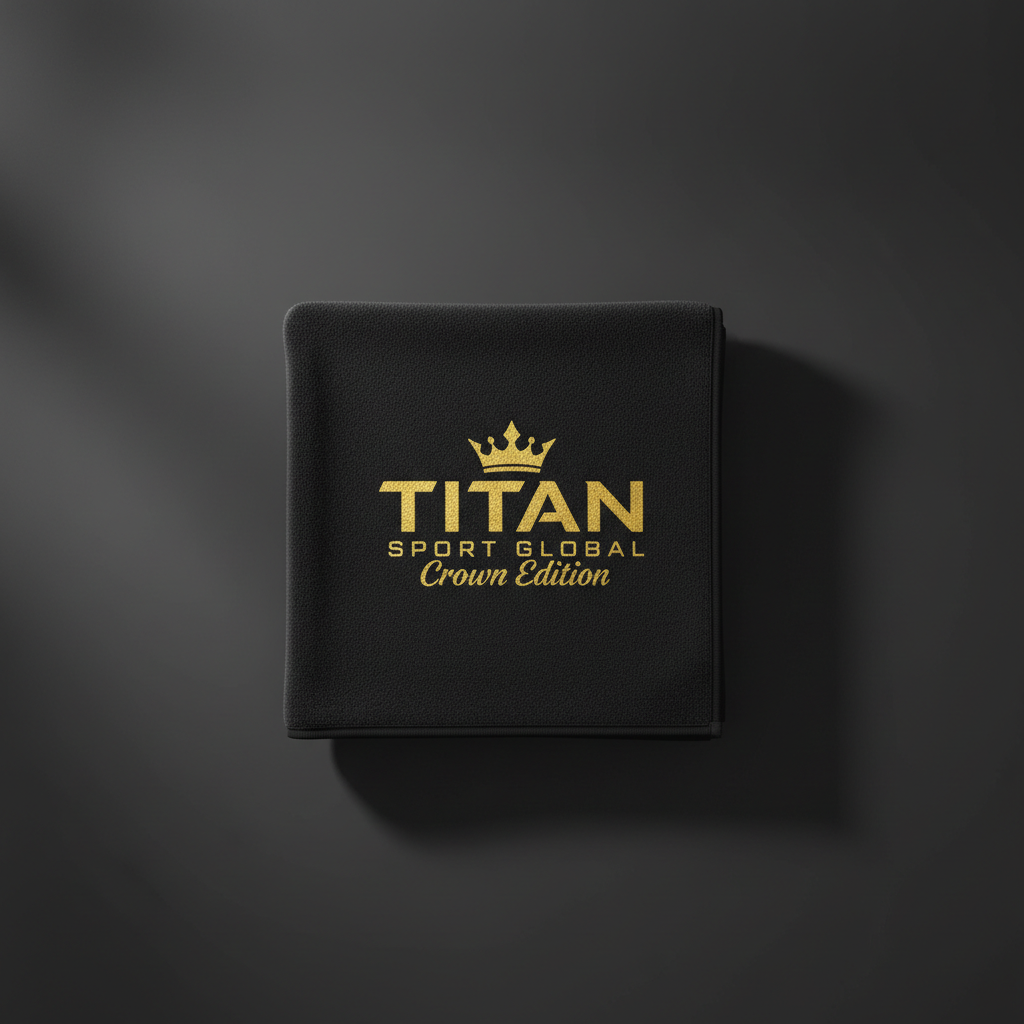 Black TITAN Sport Global Crown Edition microfiber gym towel with gold embroidered crown and logo on dark background.