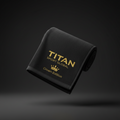 Black microfiber TITAN Sport Global gym towel with embroidered gold logo and "Crown Edition" text.