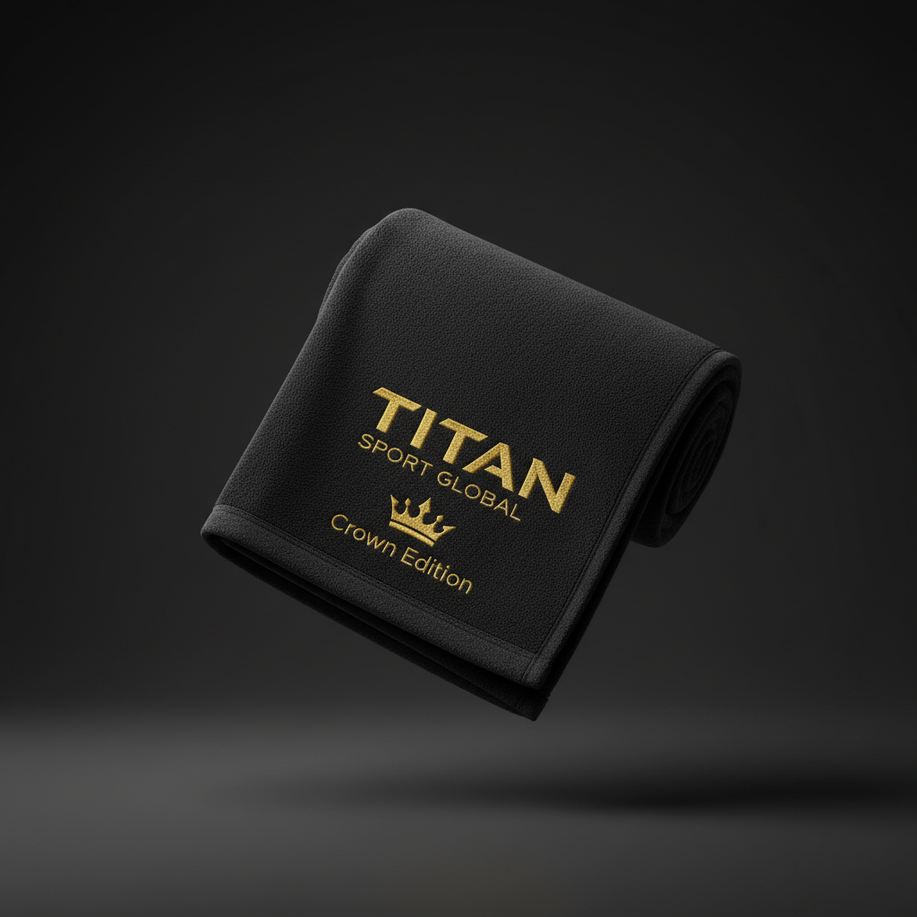 Black microfiber TITAN Sport Global gym towel with embroidered gold logo and "Crown Edition" text.