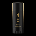 Matte black TITAN sunscreen stick with gold vertical branding and SPF 50 text isolated on a black background.