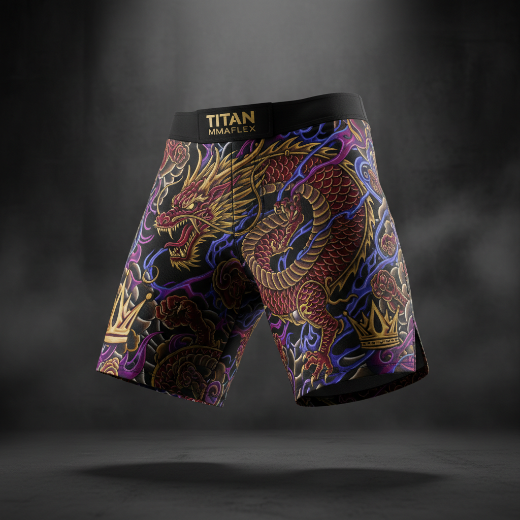 TITAN MMAFlex black training shorts featuring an intricate red and gold dragon pattern, purple accents, and crowns.