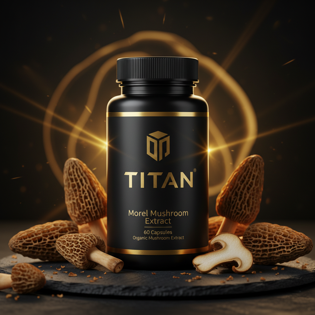 Black bottle with gold TITAN logo and Morel Mushroom text, surrounded by morel mushrooms on a black stone surface.