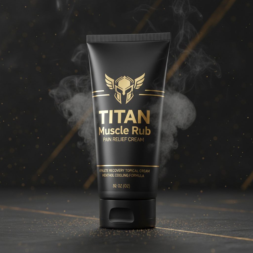 Black tube of Titan Muscle Rub with gold helmet logo, text, and smoky effect on a dark, speckled background.