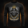 Black long-sleeve tee featuring a crowned, muscular figure breaking chains with "MY LIMITS ARE LIES" motivational text.